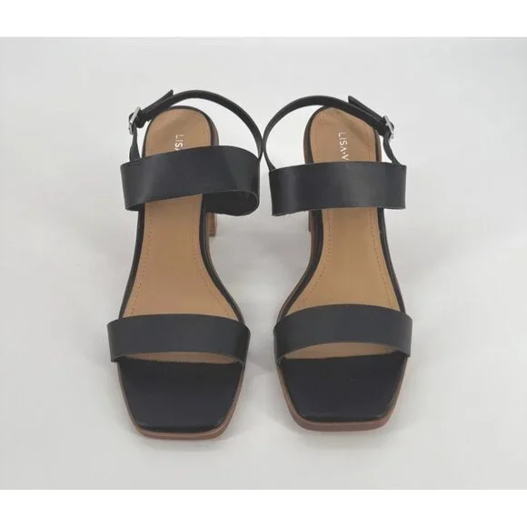 Lisa Vicky Oasis Sandals Black Leather Open Toe With Chunky Wooden Heel 9 New - Picture 2 of 11